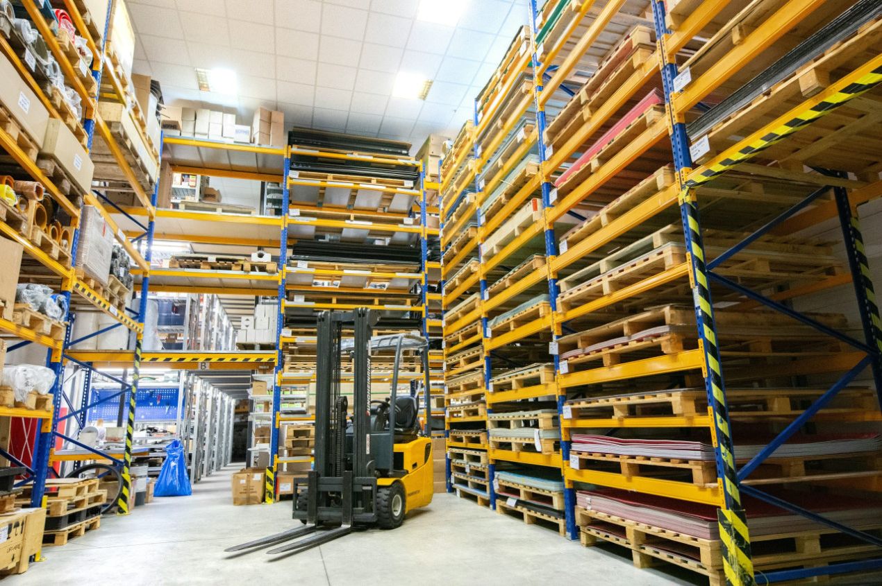 Organised pallet racking in UKFM's secure Belvedere warehouse